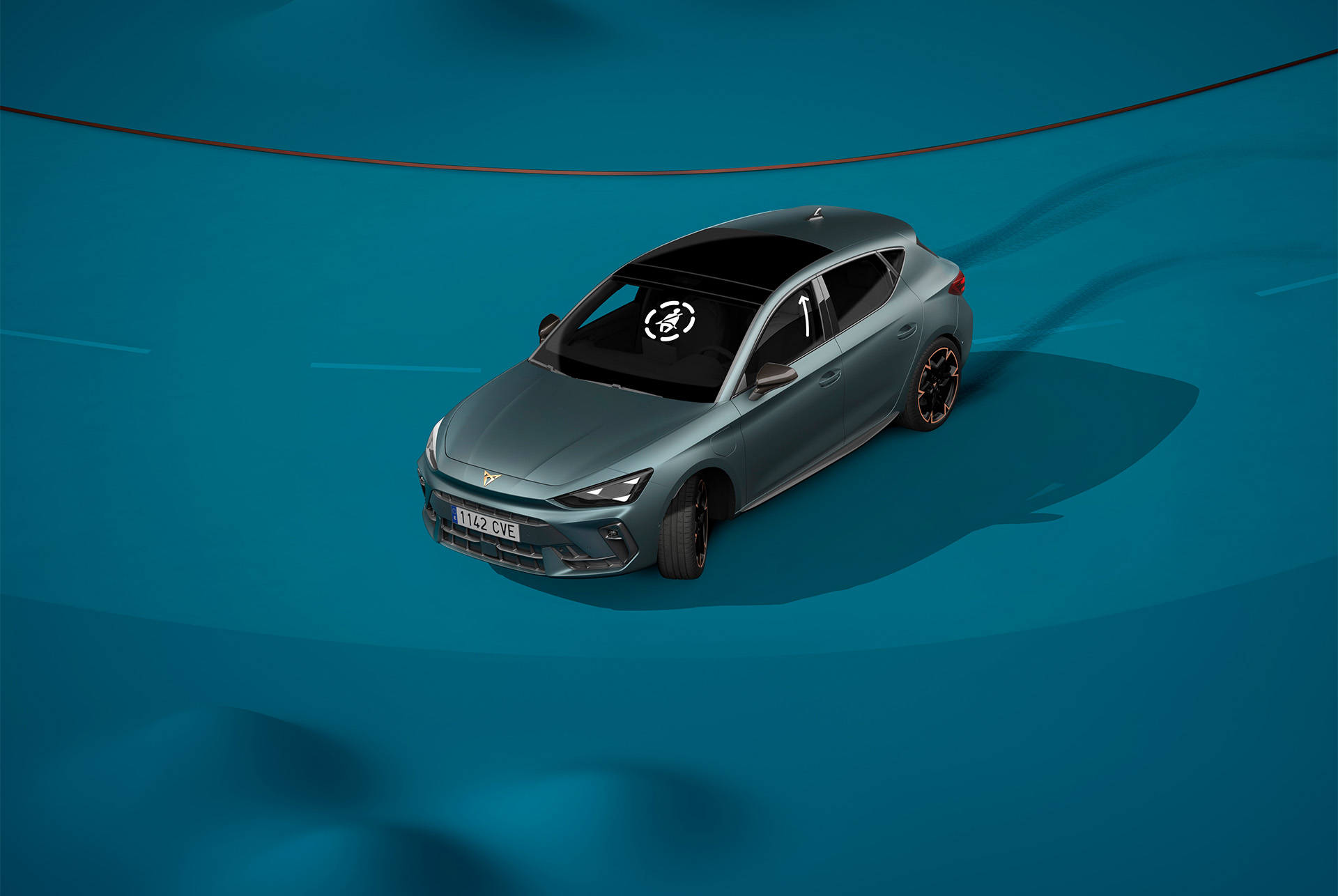 Nouvelle Cupra Leon 2024, nouvelle technologie de sécurité pré-collision, arrière-plan bleu et démo visuelle
