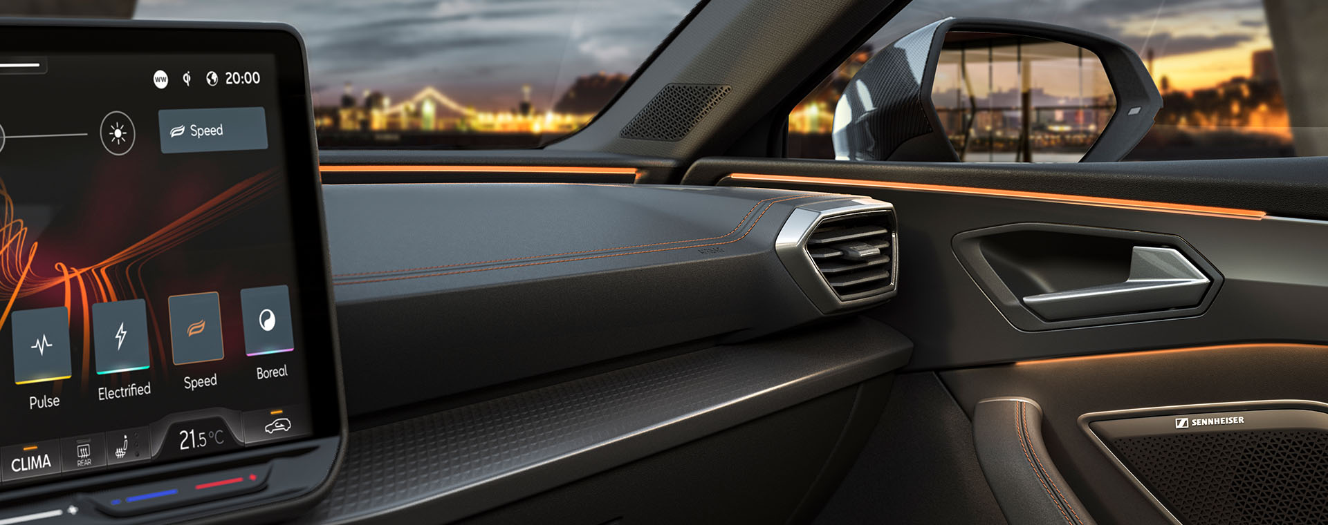 new infotainment system inside the 2024 cupra leon, dashboard interior, wing mirror, air vent and glove compartment.