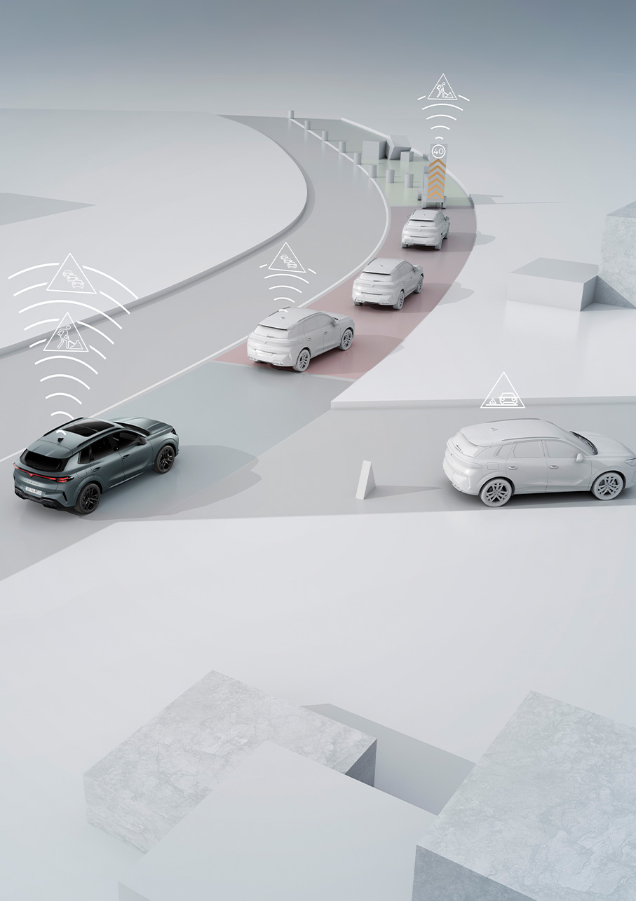 démonstration de la technologie de communication CAR2X dans le cupra terramar montrant le véhicule communiquant avec les autres voitures et les infrastructures pour améliorer la sécurité routière et le trafic.