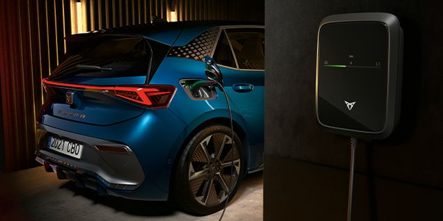 cupra born 2024, chargeur mural pour voiture électrique, arrière du véhicule, feux arrière rouges, logo cupra